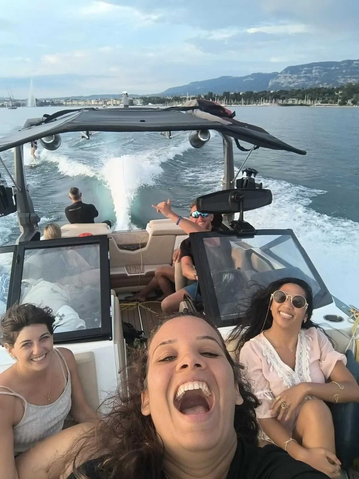 Post-session drinks and good vibes after wakeboarding on Lake Geneva